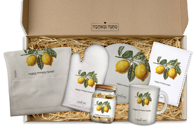 מארז למטבח לימונים: כפפה+סינר+תחתית לסיר+שוקולדים+קרש חיתוך+מגנטים (מארז ענק במיוחד)