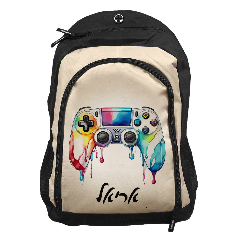 תיק גב איכותי לבוגרים עם שם אישי- דגם ג'ויסטיק צבעוני