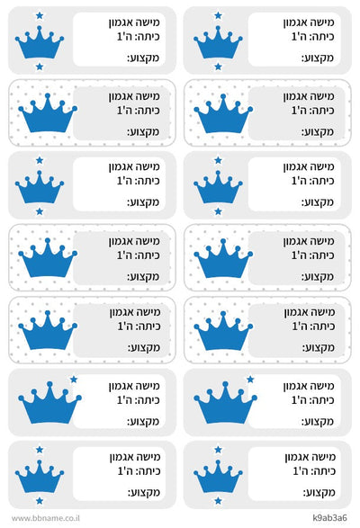 סט 14 מדבקות בית ספר למחברות + הדפסת שם הילד/ה- כתר